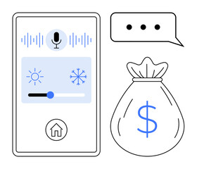 Smartphone interface with voice control, sun, snow icons for temperature settings, money bag representing cost-efficiency. Ideal for home automation, tech, convenience, savings, sustainability