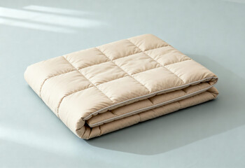 Fototapeta premium Soft beige quilted blanket neatly folded on a light surface, minimalist bedding design for modern home comfort and bedroom decor