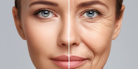 Woman comparing youthful and aged skin on face