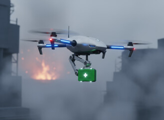 Medical drone delivering emergency first aid kit during disaster response in urban area surrounded by smoke and burning buildings
