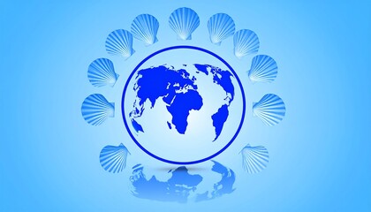 Earth globe encircled by seashells, light blue background