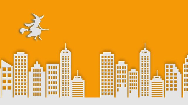 Animated papercut silhouette of a flying witch on a broomstick above city skyline on orange background. Creative spooky Halloween scene concept for horror, holiday, and cartoon themes.