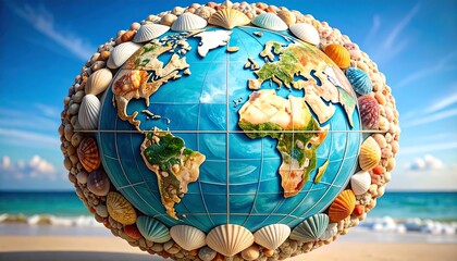 Earth globe encircled by seashells on beach