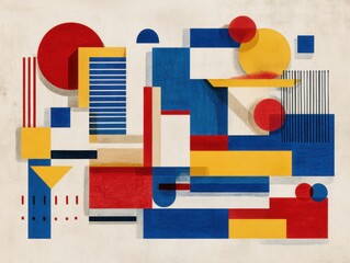Abstract Geometric Composition: A dynamic composition of geometric shapes, blending bold primary colors and a play of light and shadow.
