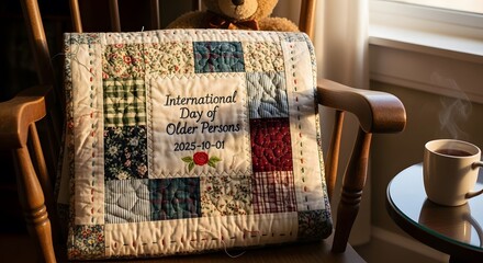 Handmade Quilt Folded on Chair with Embroidered “International Day of Older Persons 2025-10-01” Patch