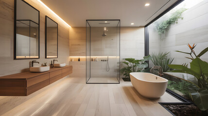 Fototapeta premium Luxury modern bathroom interior with a freestanding tub and indoor garden.