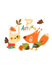 Cute Bunny in Sweater standing with Funny Fox with Acorn