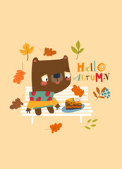 Cute Bear in Sweater sitting on Bench with Cake
