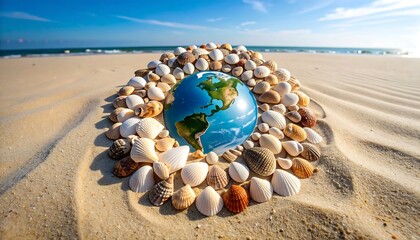 Earth globe encircled by seashells on sandy beach
