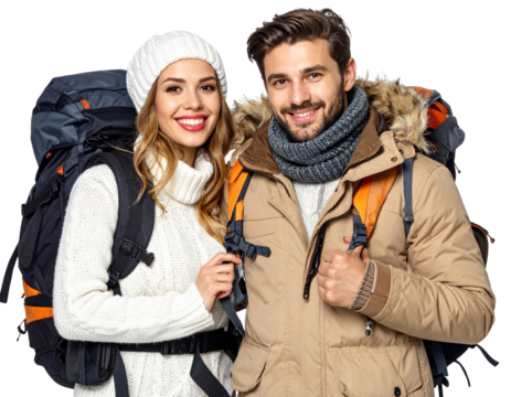Beautiful happy couple winter portrait isolated transparent PNG, Young joyful smilin