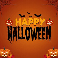 Spooky happy halloween greeting with jack o lanterns and bats on orange background