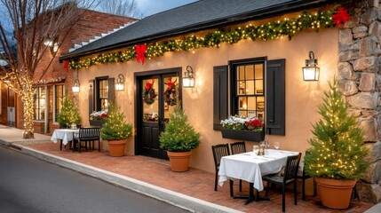 Restaurant outdoor dining decorated for christmas holiday season