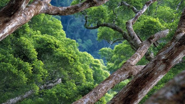 Lush Forest Canopy: An eye-level shot of a dense, vibrant forest canopy, where intertwined branches and lush foliage frame a glimpse of the sky, creating a sense of depth and immersion. 