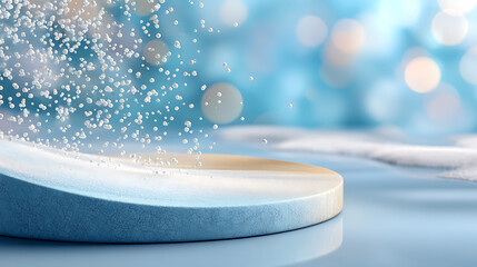 A round, textured product podium on a shiny blue surface with a beautiful backdrop and festive bokeh lights. The image is ideal for winter or icy-themed product displays.