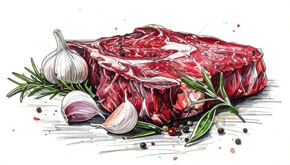 A detailed illustration of a raw, marbled steak with rosemary, garlic, and peppercorns, artfully rendered with bold lines and vibrant colors