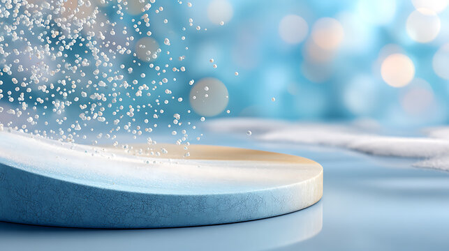 A round, textured product podium on a shiny blue surface with a beautiful backdrop and festive bokeh lights. The image is ideal for winter or icy-themed product displays.