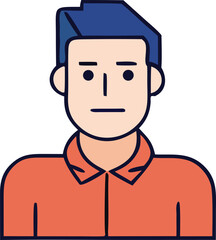 Modern flat design avatar of a young man with short dark hair and an orange polo shirt neutral expression