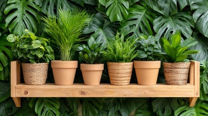 Fototapeta premium Green houseplants on wooden shelf displaying nature decor