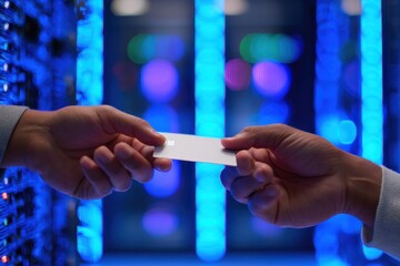 Digital Exchange: A close-up view capturing the precise moment of a digital key or card transfer between two individuals, symbolizing data or information transmission within a secure digital network.