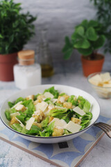 A bowl with classic Caesar salad
