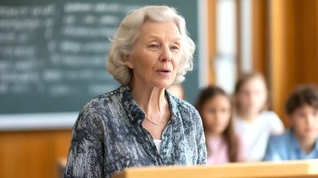 A senior woman standing at a lectern giving a lecture to attentive teenagers classroom filled with warm daylight chalkboard behind her with notes expression animated with