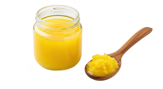 Ghee In Jar And Wooden Spoon