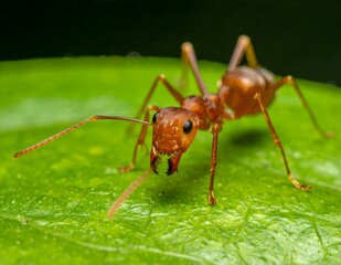 close up red ant on green leaf