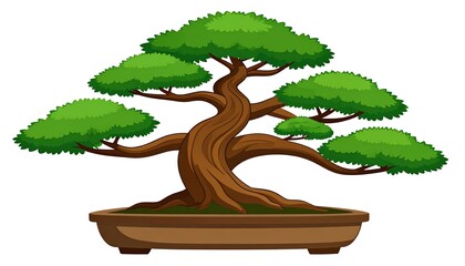 Lush, green bonsai tree in a brown rectangular pot, with thick, twisting branches