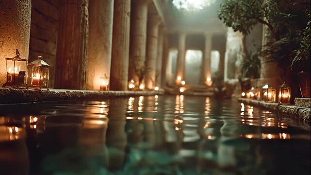 Ancient lost city temple bath in atlantis or mythical ruins, candle lanterns illuminating water reflections, mysterious concept footage.