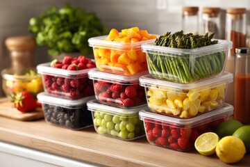 Assorted fresh fruits and vegetables in clear plastic containers on a wooden kitchen counter, showcasing healthy food storage and meal prep