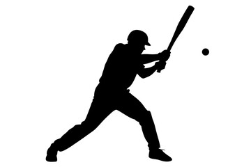 Silhouette of a baseball player swinging a bat at a ball during a game on a white background