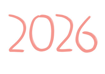 2026. Artistic, brush-stroke lettering in soft peach/coral. A hand-painted look for New Year, calendar, and future date design.