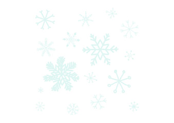 Set of various hand-drawn, light blue/mint snowflakes. Transparent background graphic for Christmas, winter, New Year, and seasonal themes.