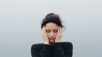 Young woman with dark hair is holding her head in a contemplative pose against a soft gray background, expressing emotions of stress and introspection in a serene atmosphere