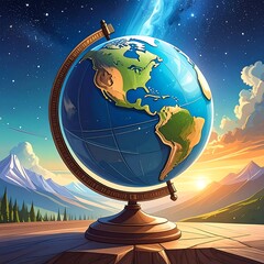 Earth globe on a stand, sunrise