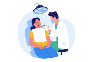 Illustration of Dentist and General Dental Checkup. Doctor Examining a Patient's Mouth in a Dental Clinic