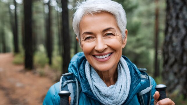 Senior woman smiling on a healthy forest hike