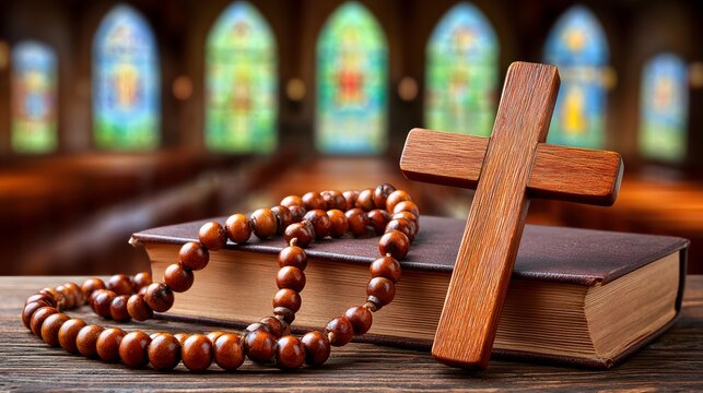 Christian cross, rosary beads, and bible on wooden table
