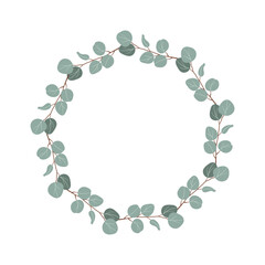 Eucalyptus Leaves Wreath Elegant Natural Greenery Design Round Floral Arrangement Botanical Decor . Hand drawn flat vector illustration isolate on white .