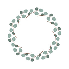 Eucalyptus Leaves Wreath Elegant Natural Greenery Design Round Floral Arrangement Botanical Decor . Hand drawn flat vector illustration isolate on white .