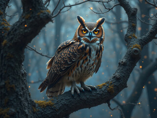Obraz premium Woodland Owl with Intense Gaze and Sunlight