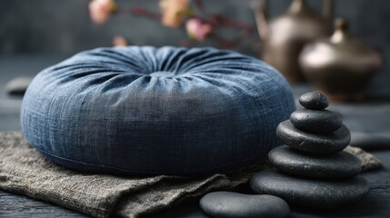 Muted blue meditation cushion in circular form calm and centered for mindfulness campaigns