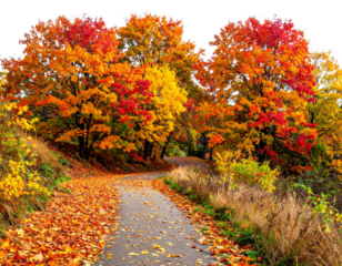 Winding path covered with colorful autumn leaves, isolated on transparent cutout back 