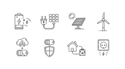 Collection of hand drawn line art icons representing renewable energy and technology silhouette