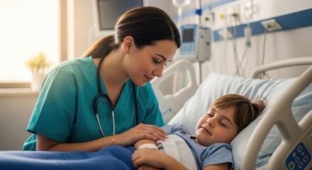 Fototapeta premium Nurse caring for child patient in hospital bed