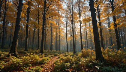 Obraz premium Golden Autumn Forest with Sunlight and Pathway – Peaceful Nature Landscape