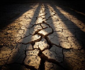 Cracked Earth and Shadows: A close-up shot revealing the parched earth's fissures, intersected by long, stark shadows, creating a striking scene of drought and the impact of the elements.