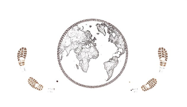 Earth globe framed by footprints