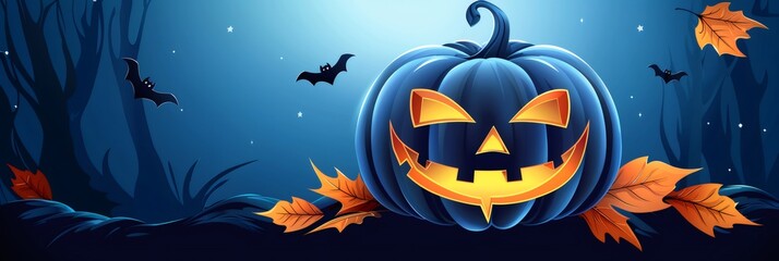Fototapeta premium Halloween jack o'lantern glowing in spooky autumn forest night