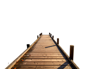 A serene wooden dock by a tranquil lake surrounded by autumn foliage and misty mounta